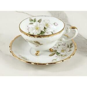 Cherry China Teacup Footed Saucer Floral Gardenias Gold Trim 30's Japan Vintage